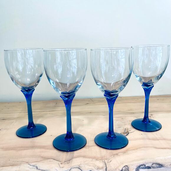 4 Libbey Blown Goblets Wine Glasses Domaine Blue Pedal Stem - Picture 2 of 9